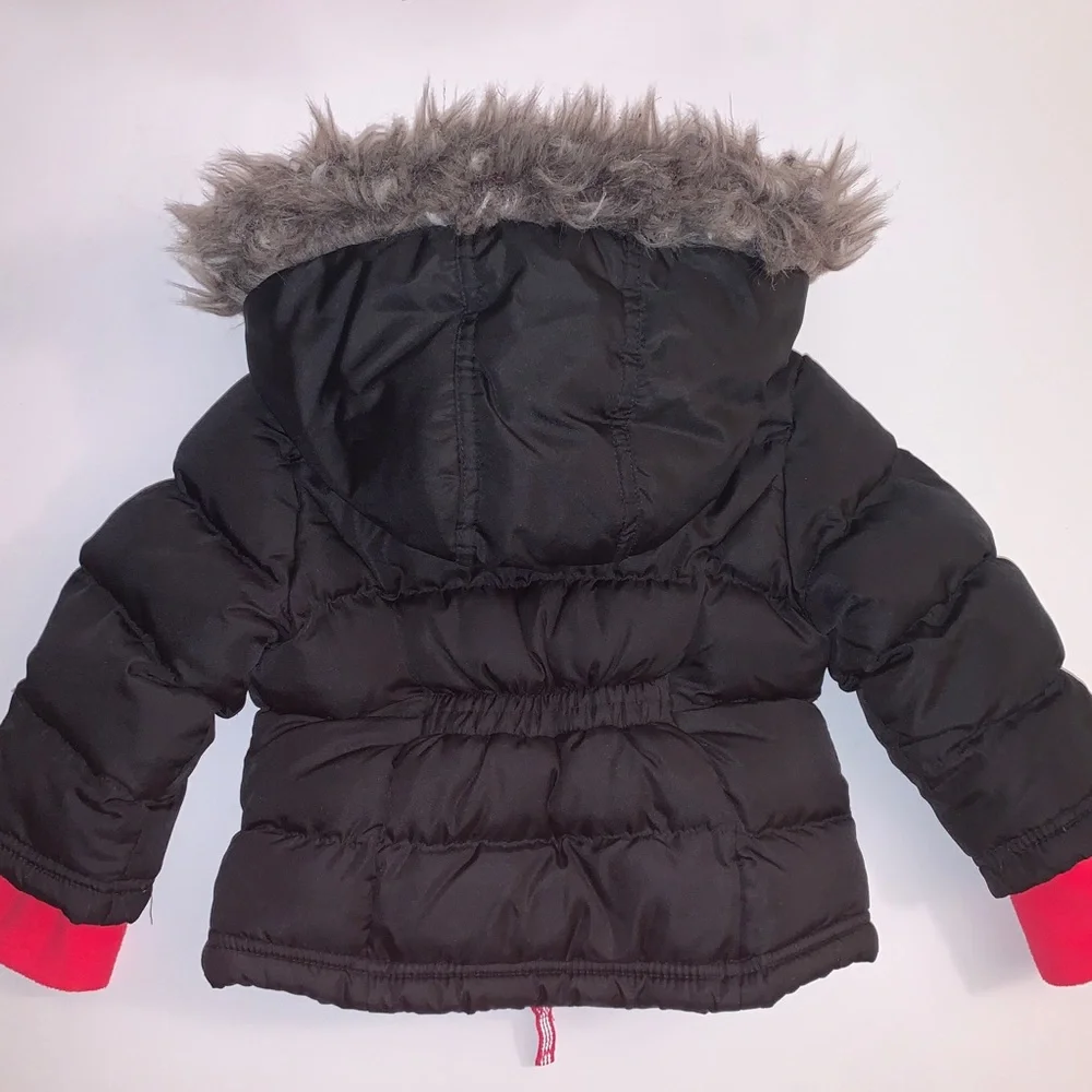 Cherokee Black & Hot Pink Puffer‎ Jacket w/Faux Fur Hood Size: 12M EUC